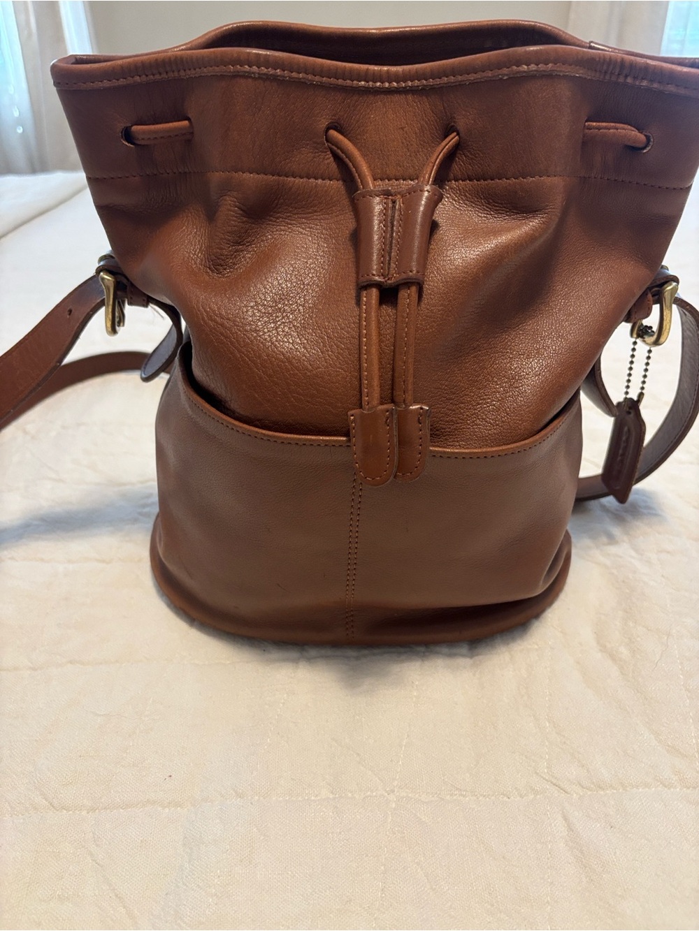 Brown Leather Drawstring Bucket Bag